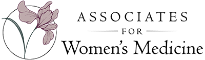 Logo for Associates for Women’s Medicine. Features a pink flower within a circular outline on the left and the organization’s name in black text on the right.