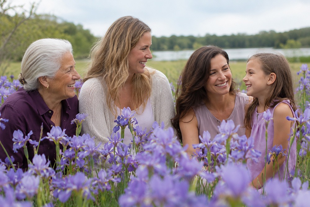 Four women from different generations, including a young girl, sit together in a field of purple flowers, smiling and laughing with each other on a bright, cloudy day near a lake.